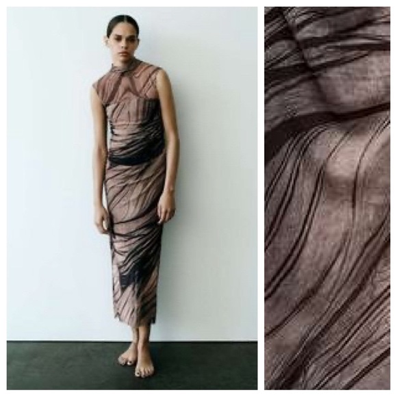Zara Dresses & Skirts - NWT. Zara Beige/Black Tulle Print Sleeveless High Collar Midi Dress. Size M.